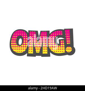 Fumetto con lettere di testo OMG con mezzitoni. Pop art cute omg lettere colorate. Illustrazione Vettoriale
