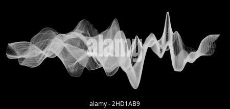 Forma d'onda a reticolo bianca astratta o struttura poligonale su sfondo nero, visualizzazione delle onde sonore, concetto acustico Foto Stock