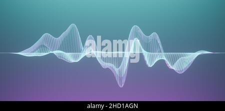 Forma d'onda astratta a reticolo bianco o struttura poligonale su sfondo turchese e viola, visualizzazione delle onde sonore, concetto acustico Foto Stock