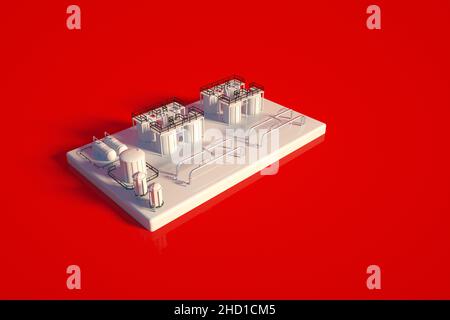 3D concetto di resa dell'olio. Base di petrolio su sfondo rosso fabbrica di petrolio sull'isola isolata su sfondo rosso. 3d illustrazione Foto Stock