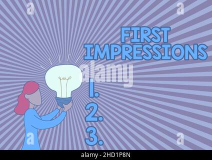 Inspirazione che mostra le prime impressioni del segno. Parola per gli eventi quando una persona incontra un'altra persona Lady Standing Drawing Holding Light Up mostrando Foto Stock