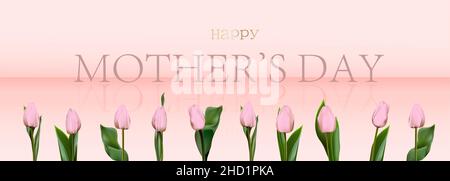 TULIPANI REALISTICI. Banner per mamme day.Pink tulipani su sfondo rosa.yu Happy mamme giorno biglietto di auguri. Un regalo elegante per la mamma. Illustrazione Vettoriale