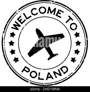 Grunge nero benvenuto in Polonia parola con icona aeroplano rotondo sigillo di gomma timbro su sfondo bianco Illustrazione Vettoriale