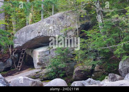Scala di legno lungo il fiume Pemigewasset nella zona generale del sito di mulino di Frank W. Whitehouse nel 1890s a Franconia Notch a Lincoln, New Hampshire o Foto Stock