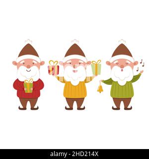 Set di piccoli gnomes di Natale. Personaggi delle mascotte invernali natalizie. Elfi con regali. Caroler con campana. Illustrazione piatta luminosa e isolata Illustrazione Vettoriale