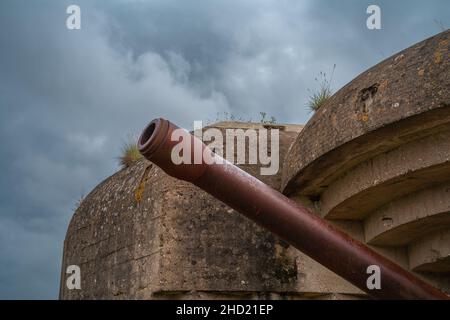 La batteria Longues-sur-Mer è una batteria di artiglieria tedesca della seconda guerra mondiale in Normandia, Francia Foto Stock