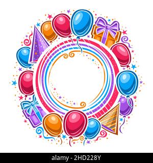 Cornice vettoriale per buon compleanno con copyspace, modello circolare con illustrazione di palloncini colorati diversi, due scatole regalo, cappelli cono e decora Illustrazione Vettoriale