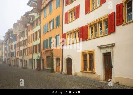 Strada a la Neuville, situato sulle rive del lago di Biel. Cantone di Berna, Svizzera. Foto Stock