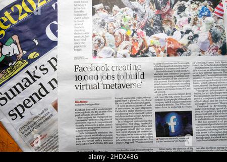 'Facebook creazione di 10.000 lavori per costruire 'metaverse' virtuale ' Guardian giornale titolo Facebook articolo clipping il 18 ottobre 2021 a Londra UK Foto Stock