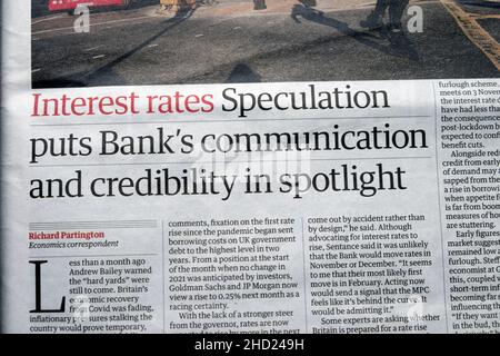 "La speculazione sui tassi d'interesse mette in evidenza la comunicazione e la credibilità della Banca" articolo di giornale Guardian il 19 ottobre 2021 Londra UK Foto Stock