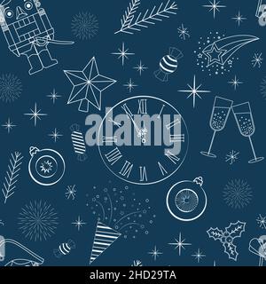 motivo senza cuciture su sfondo blu nutcracker orologio champagne contorno bianco Illustrazione Vettoriale
