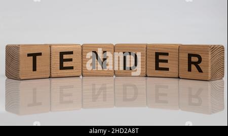 PAROLA TENERA su blocchi cubici su sfondo grigio bianco lucido con riflessi Foto Stock