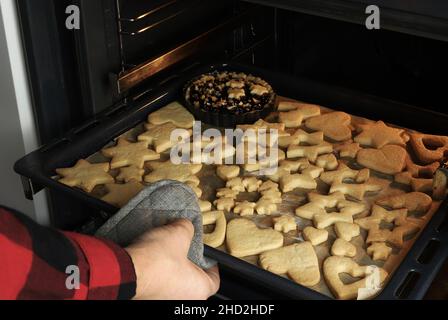 Panetteria di Natale. Le mani della donna che tengono i biscotti fatti in casa del pan di zenzero. Il concetto di tradizioni di Natale e Capodanno. Foto Stock