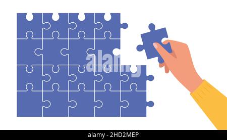 Puzzle pieghevole umano. La mano tiene il dettaglio del puzzle. Sfondo presentazione banner puzzle. Modello infografico del puzzle astratto. Solut aziendale Illustrazione Vettoriale