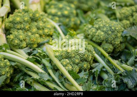 Cime di rapa, rapini o broccoli di rabbia in un mercato alimentare di strada, verdure croceferiche verdi, verdure, cucina mediterranea, Puglia, Italia Foto Stock