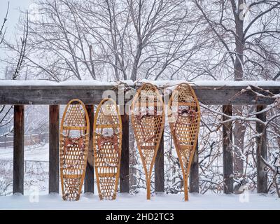 Racchette da neve classiche in legno (Huron e Bear Paw) in un cortile con la neve che cade Foto Stock