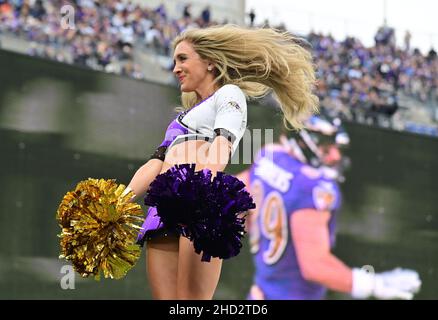 Baltimora, Stati Uniti. 02nd Jan 2022. Un cheerleader Baltimore Ravens si esibisce durante la prima metà di una partita contro i Los Angeles Rams all'M&T Bank Stadium di Baltimora, Maryland, domenica 2 gennaio 2022. Foto di David Tulis/UPI Credit: UPI/Alamy Live News Foto Stock