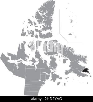 Nero piatto vuoto evidenziato mappa della posizione del distretto IQALUIT-NIAQUNNGUU all'interno della mappa amministrativa grigia dei distretti elettorali territoriali di Illustrazione Vettoriale