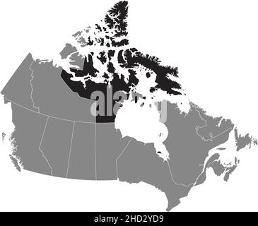 Nero piatto vuoto evidenziato posizione mappa amministrativa del territorio canadese di NUNAVUT all'interno della mappa grigio piatto DEL CANADA Illustrazione Vettoriale