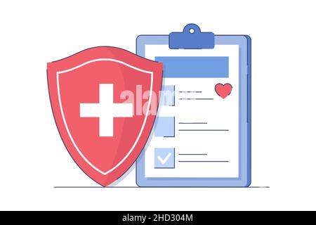 Forma di reclamo di assicurazione contro le malattie illustrazione piatta del vettore. Servizio medico e concetto di famiglia di assistenza sanitaria. Documento clinico di riempimento e scudo protettivo rosso con croce su sfondo bianco. Illustrazione Vettoriale