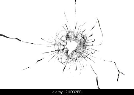 Buchi dalle sfere in vetro su sfondo bianco. La consistenza del vetro rotto incrinato Foto Stock