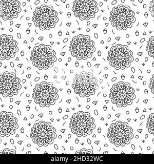 Disegno astratto a mano motivo di fiori geometrici, bianco e nero texture senza cuciture Illustrazione Vettoriale
