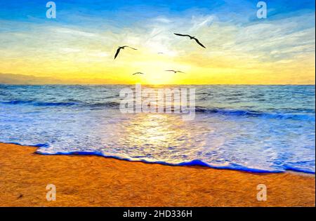 Un gregge di uccelli sta volando verso la luce mentre i raggi del sole emanano dall'illustrazione del cielo di Tramonto dell'oceano Foto Stock