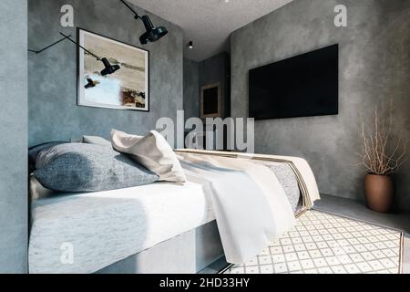 3d rendering interno camera da letto, collegata al bagno aperto, tutto in calcestruzzo Foto Stock