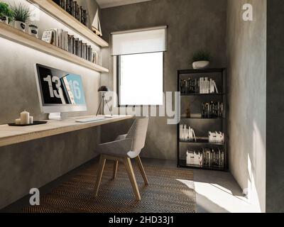 3D rendering di villa moderna, contemporanea interno casa ufficio con console tavolo e ripiani aperti in legno Foto Stock