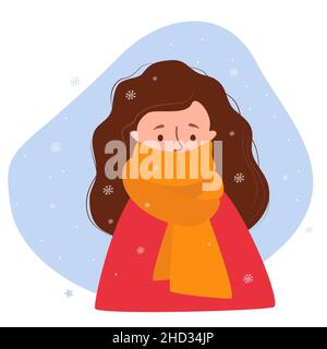 faccia della ragazza d'inverno congelata. donna di bellezza avvolta fino al suo naso in sciarpa calda contro sfondo di fiocchi di neve. Illustrazione vettoriale. Carattere in piatto Illustrazione Vettoriale