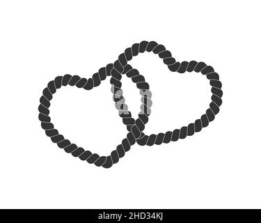Due corde a forma di cuore intrecciate. Cavo nero isolato su sfondo bianco. Elemento di design di San Valentino in stile nautico d'epoca. Illustrazione grafica vettoriale Illustrazione Vettoriale