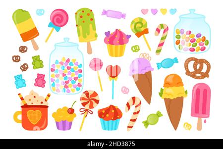Set di dolci cartoni animati, muffin, lecca lecca, gelato, cioccolato pretzel. Kawaii party, ricca collezione di dolci. Festeggia il dessert allo zucchero. Illustrazione del vettore isolato a sorpresa Illustrazione Vettoriale