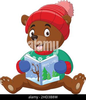 Cartoon piccolo orso in inverno vestiti lettura di un libro Illustrazione Vettoriale