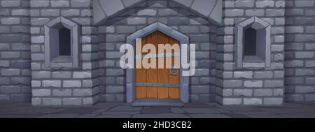 Porta medievale del castello, prigione o esterno del palazzo. Porta chiusa ad arco in legno con pomello ad anello in metallo a parete di mattoni in pietra. Facciata da fiaba, ingresso, sfondo del gioco, illustrazione vettoriale Cartoon Illustrazione Vettoriale
