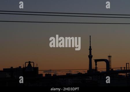 Una silhouette della torre dello Skytree di Tokyo al tramonto, vista da Kanamachi, Tokyo, Giappone, Foto Stock