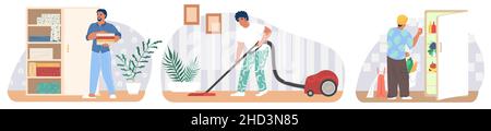 Uomo che aspira il tappeto, che mette i vestiti in armadio e cibo in frigorifero. Lavori domestici, pulizie, pulizia della casa, vettoriale. Illustrazione Vettoriale