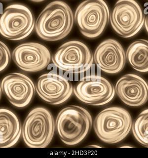 Grandi cerchi a spirale ondulato, voluminosi e voluminosi, che sembrano disegnati a mano in una piastrella senza cuciture color marrone terroso. Foto Stock