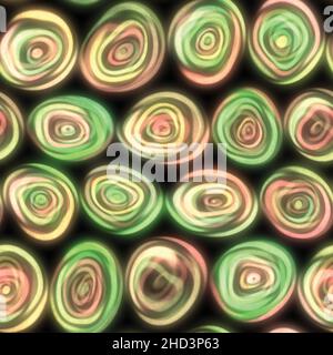 Cerchi a spirale grandi e voluminosi che sembrano disegnati a mano in una piastrella trasparente color rosso e verde di Natale. Foto Stock