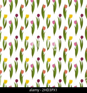 Modello con tulipani multicolore. Illustrazione vettoriale floreale isolata su sfondo bianco. Illustrazione Vettoriale
