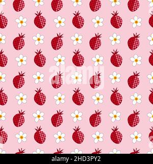 Fragola stilizzata con fiori bianchi. Illustrazione vettoriale su sfondo rosa. Illustrazione Vettoriale
