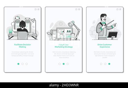 Strategie di marketing Onboarding schermate in Line Art Illustrazione Vettoriale