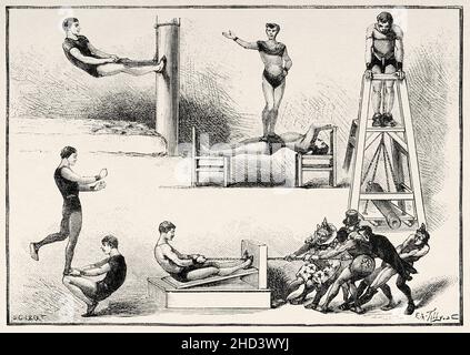 Esperienze di forza e abilità studiate dal Dr. Desaguliers. Antica illustrazione del 19 ° secolo inciso da la Nature 1885 Foto Stock
