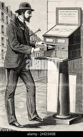 Box automatico per cartoline a Londra. Antica illustrazione del 19 ° secolo inciso da la Nature 1885 Foto Stock