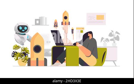 donna d'affari con robot helper lanciare razzo progetto creativo startup business intelligenza artificiale concetto Illustrazione Vettoriale