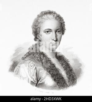 Maria Gaetana Agnesi (1718-1799) è stata una . Fu la prima donna a scrivere un manuale di matematica e la prima donna nominata professore di matematica in un'università. Le viene accreditato di scrivere il primo libro che discute sia il calcolo differenziale che integrale ed è stato membro della facoltà dell'Università di Bologna. Italia. Europa. Vecchio 19th secolo raffigurazione incisa da Portraits et histoire des hommes utilo di Societe Montyon et Franklin 1837 Foto Stock