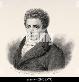 Robert Fulton (1765-1815) è stato un ingegnere e inventore americano che è ampiamente accreditato di sviluppare il primo battello a vapore commercialmente riuscito del mondo, il North River Steamboat, ha prodotto Nautilus, il primo sottomarino pratico nella storia. Vecchio 19th secolo raffigurazione incisa da Portraits et histoire des hommes utilo di Societe Montyon et Franklin 1837 Foto Stock