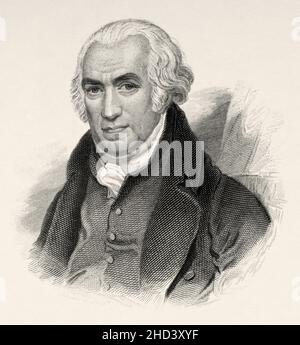 James Watt (1736-1819) fu inventore scozzese, ingegnere meccanico e chimico che migliorò il motore a vapore Newcomen con il suo motore a vapore Watt nel 1776, fondamentale dalla Rivoluzione industriale. Europa. Vecchio 19th secolo raffigurazione incisa da Portraits et histoire des hommes utilo di Societe Montyon et Franklin 1837 Foto Stock