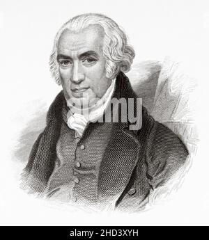 James Watt (1736-1819) fu inventore scozzese, ingegnere meccanico e chimico che migliorò il motore a vapore Newcomen con il suo motore a vapore Watt nel 1776, fondamentale dalla Rivoluzione industriale. Europa. Vecchio 19th secolo raffigurazione incisa da Portraits et histoire des hommes utilo di Societe Montyon et Franklin 1837 Foto Stock