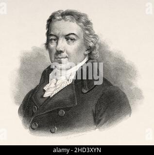 Edward Jenner (1749-1823) fu un medico e uno scienziato britannico che aprì la strada al concetto di vaccini, tra cui la creazione del vaccino contro il vaiolo, il primo vaccino al mondo. REGNO UNITO. Europa. Vecchio 19th secolo raffigurazione incisa da Portraits et histoire des hommes utilo di Societe Montyon et Franklin 1837 Foto Stock