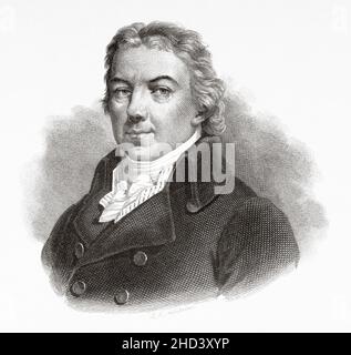 Edward Jenner (1749-1823) fu un medico e uno scienziato britannico che aprì la strada al concetto di vaccini, tra cui la creazione del vaccino contro il vaiolo, il primo vaccino al mondo. REGNO UNITO. Europa. Vecchio 19th secolo raffigurazione incisa da Portraits et histoire des hommes utilo di Societe Montyon et Franklin 1837 Foto Stock